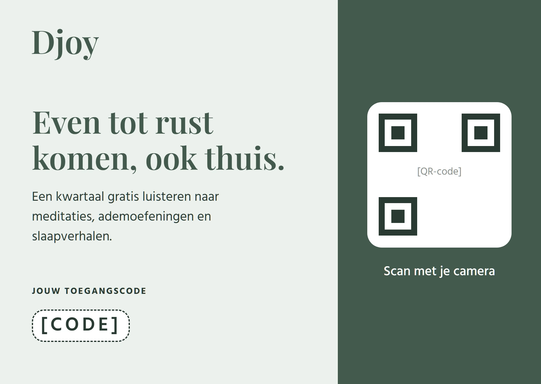 Voorkant van het meeneemkaartje: Even tot rust komen, ook thuis, met QR-code en toegangscode