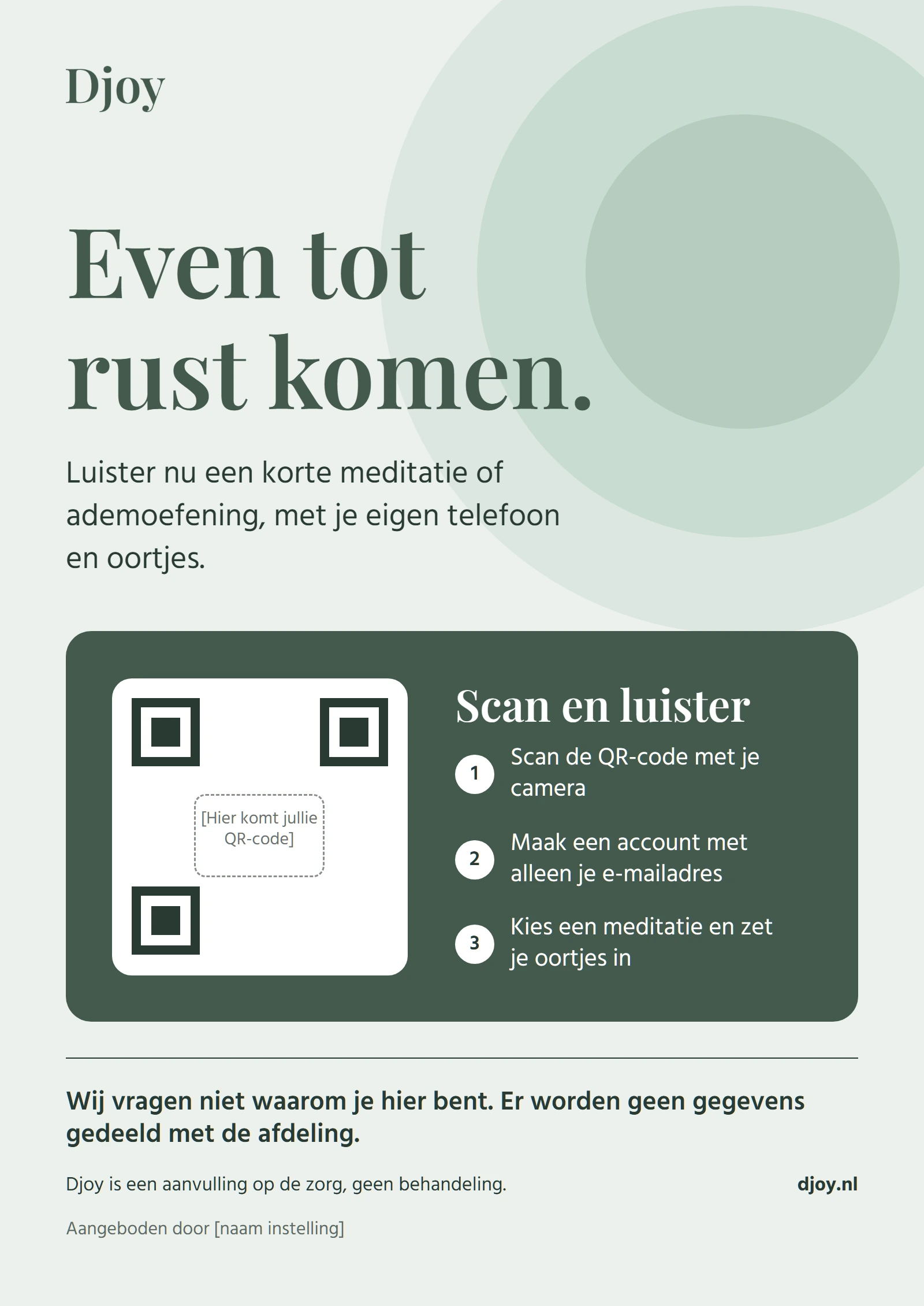 A3-poster voor de wachtruimte: Even tot rust komen, met een QR-code en drie stappen