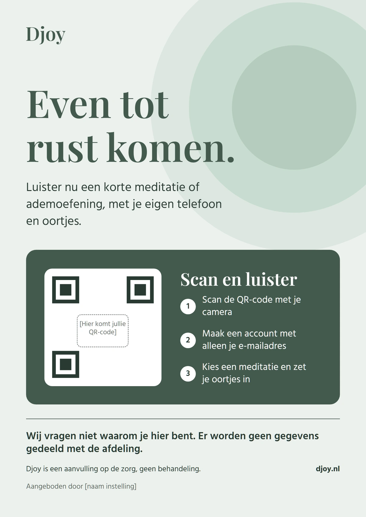 A3-poster voor de wachtruimte: Even tot rust komen, met een QR-code en drie stappen